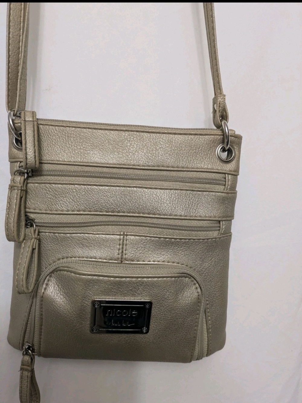 Nicole by Nicole Miller Crossbody Purse Beige Gold Faux Leather Shoulder Bag